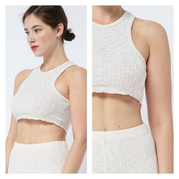 NEW Crewneck cropped tank top ribbed knit Cotton blend Oatmeal AGRADE raw hem - Picture 1 of 8